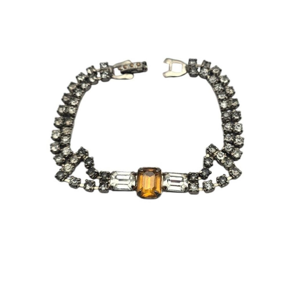 Amber Rhinestone Tennis Bracelet Silver Tone – Vintage Glam Art Deco